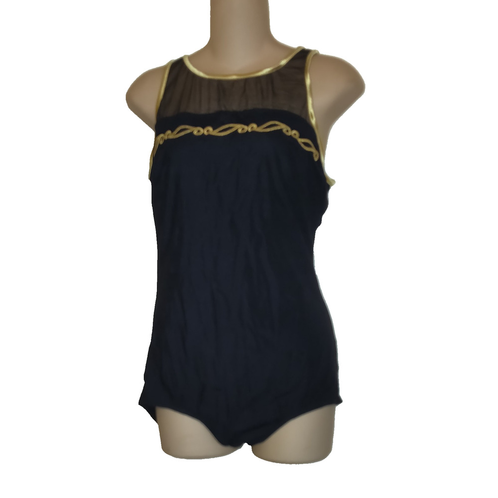 Vintage Maxine Of Hollywood Swimsuit Sz 16 One Piece Black & Gold Embroidery